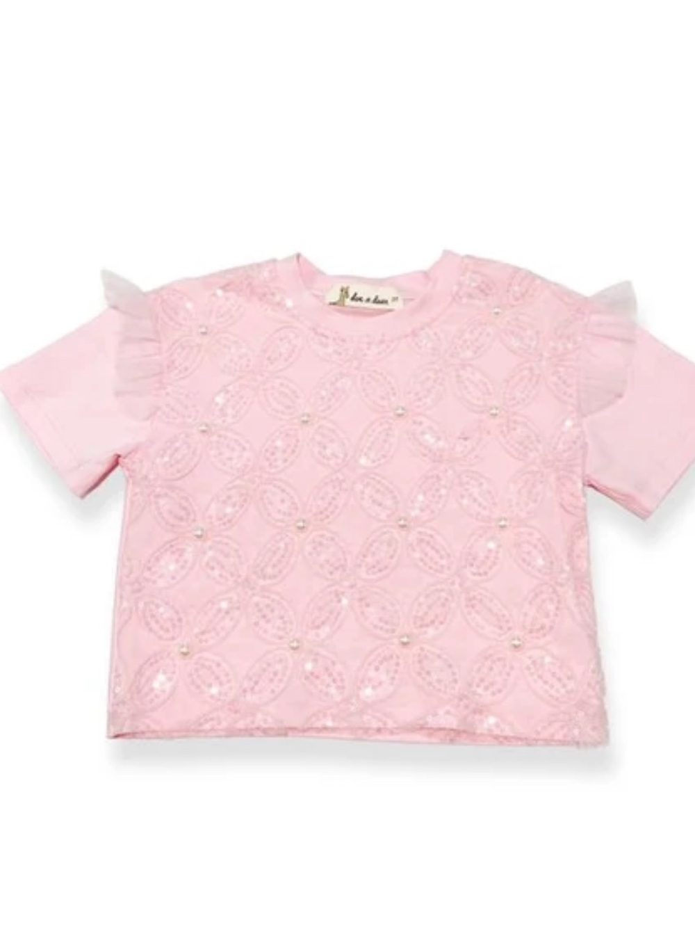 Doe a dear Sequin Floral Mesh Pink Embellished Short Sleeve Top Boutique NWT
